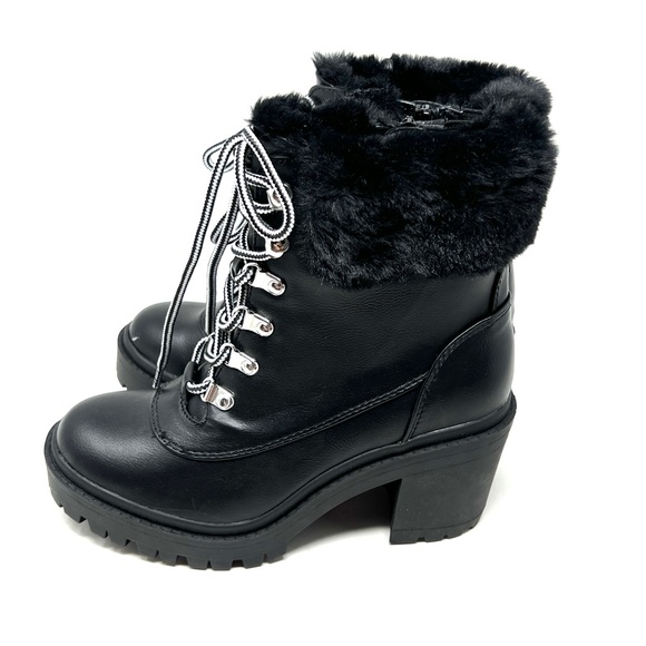 Torrid Black Faux Fur Lug Rider Combat Platform Chunky Moto Ankle Bootie Boots - Picture 3 of 9